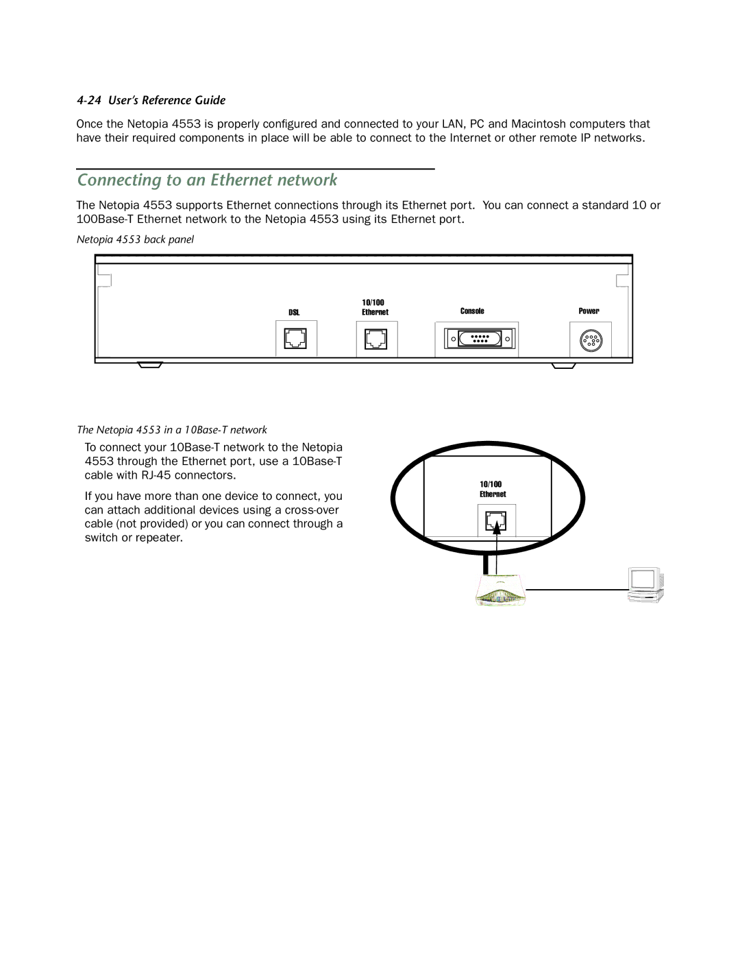 Netopia 4553 manual Connecting to an Ethernet network 