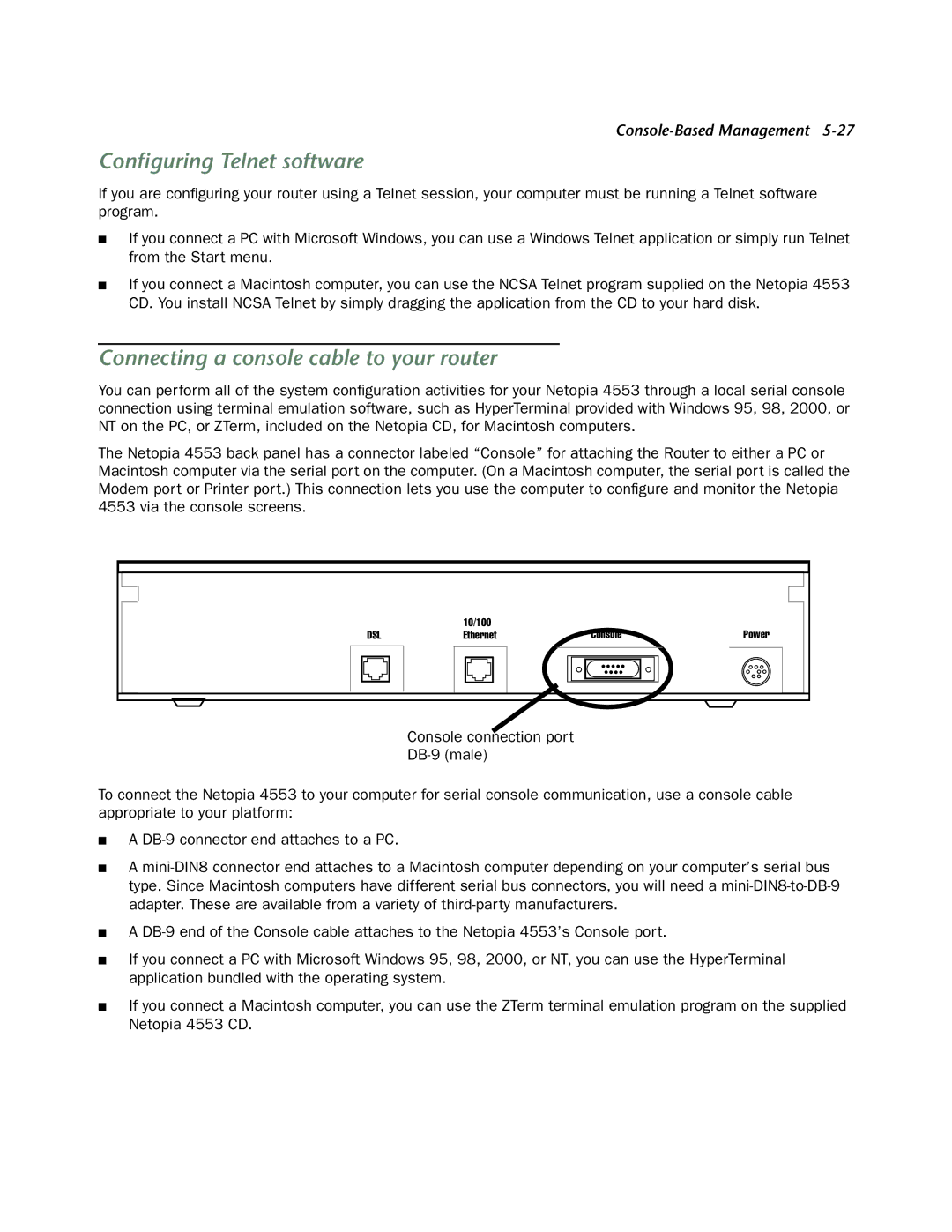 Netopia 4553 manual Conﬁguring Telnet software, Connecting a console cable to your router 