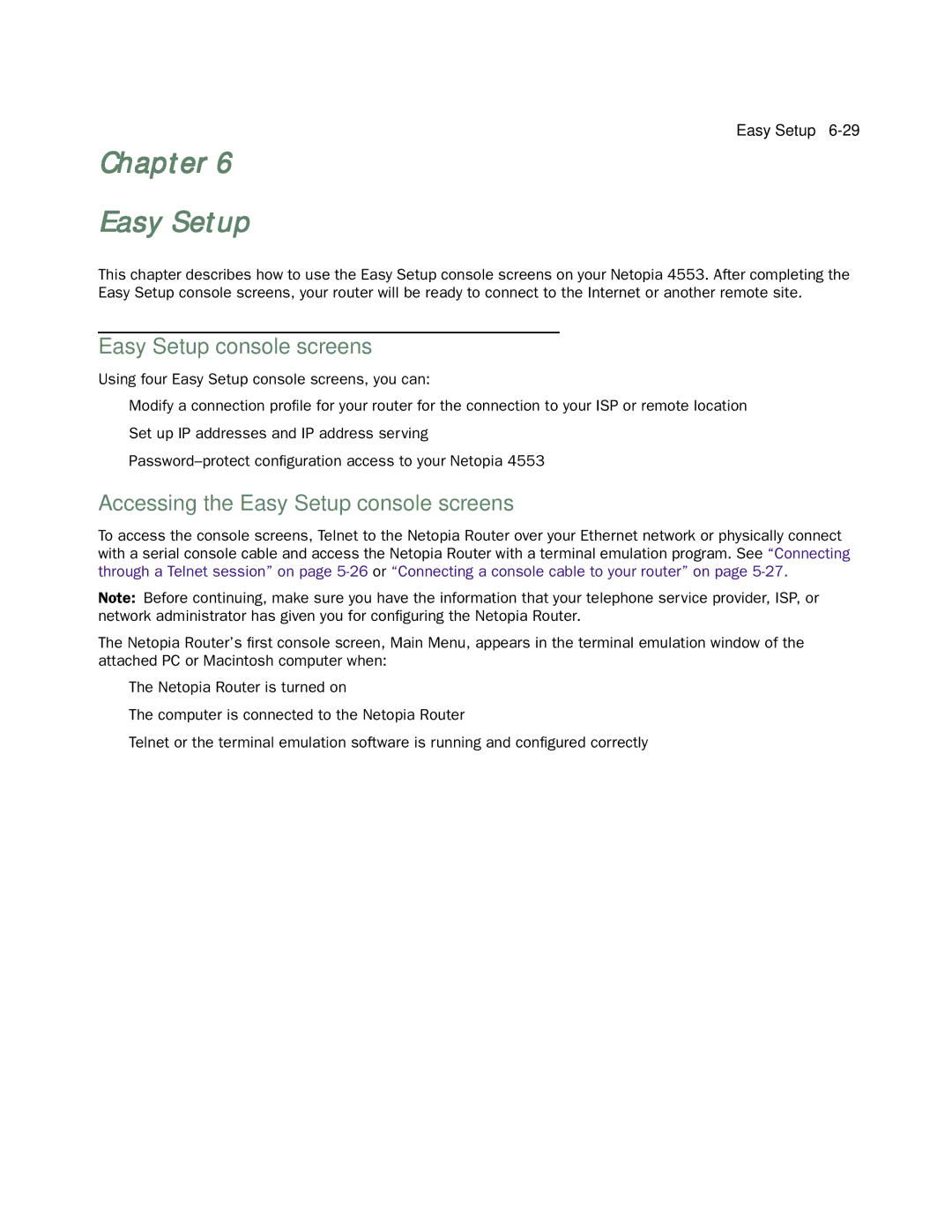 Netopia 4553 manual Chapter Easy Setup, Accessing the Easy Setup console screens 