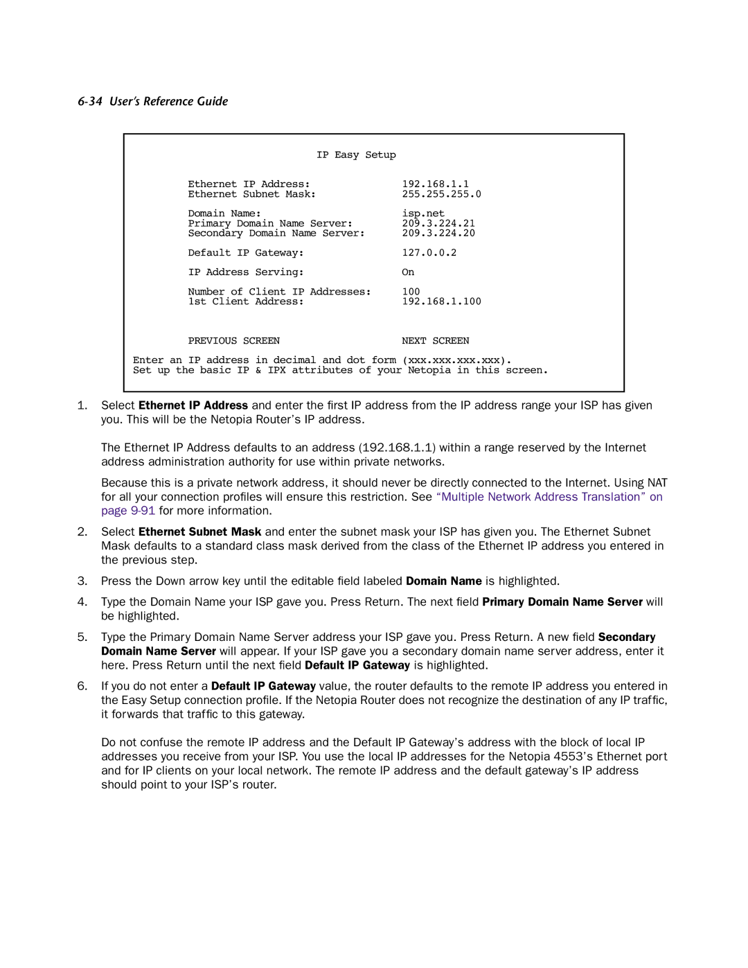 Netopia 4553 manual Ethernet IP Address 192.168.1.1 Ethernet Subnet Mask 