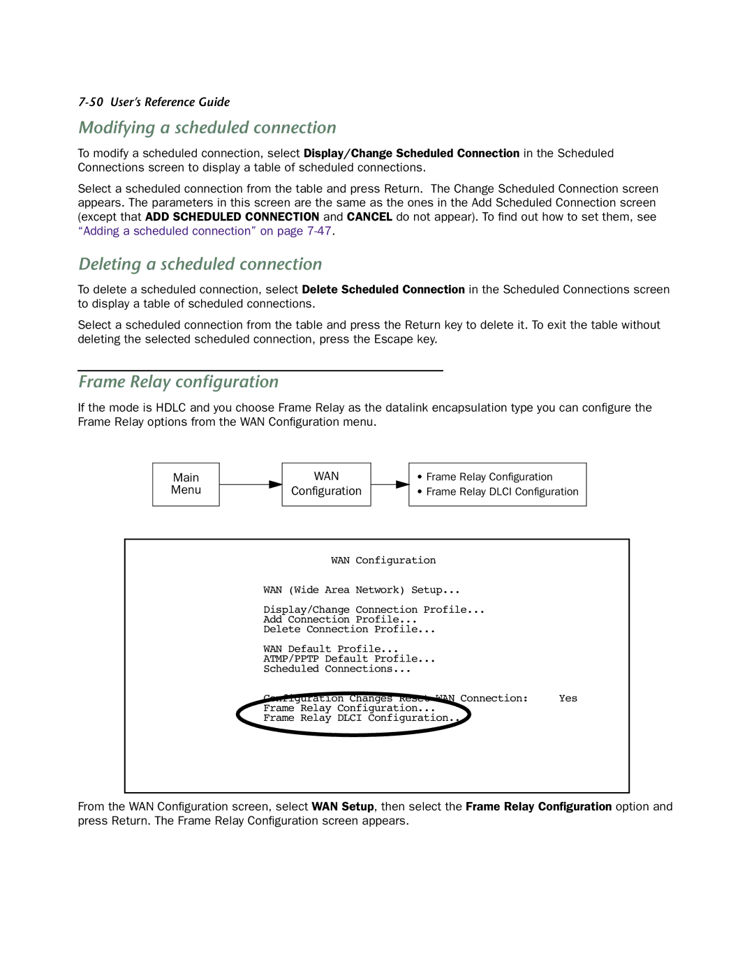 Netopia 4553 manual Modifying a scheduled connection, Deleting a scheduled connection, Frame Relay conﬁguration 