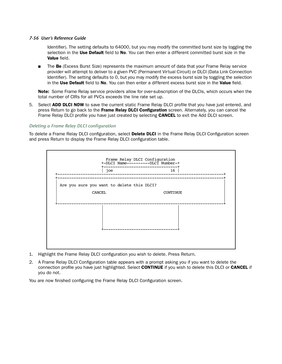 Netopia 4553 manual Deleting a Frame Relay Dlci conﬁguration 