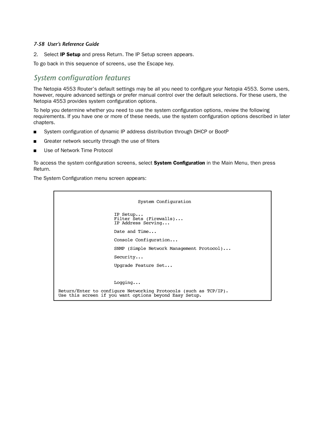 Netopia 4553 manual System conﬁguration features 