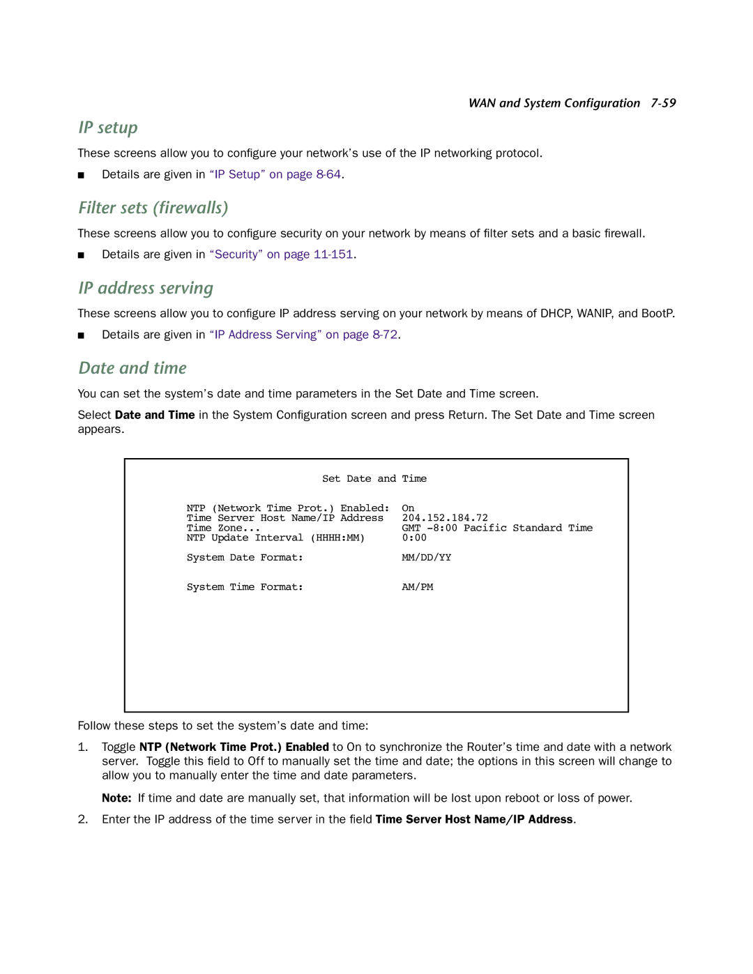 Netopia 4553 manual IP setup, Filter sets ﬁrewalls, IP address serving, Date and time 