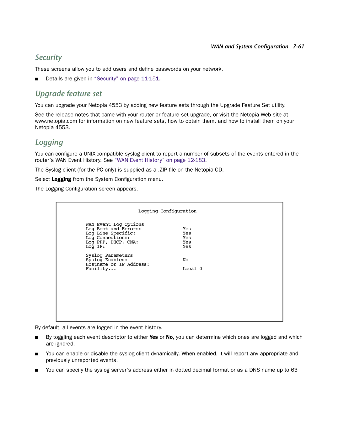 Netopia 4553 manual Security, Upgrade feature set, Logging 