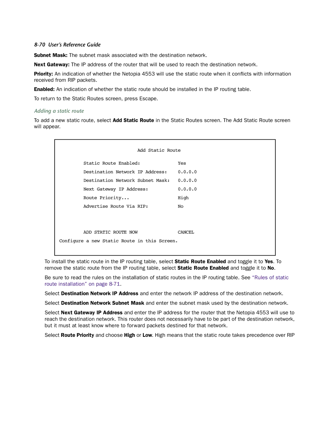 Netopia 4553 manual Adding a static route 