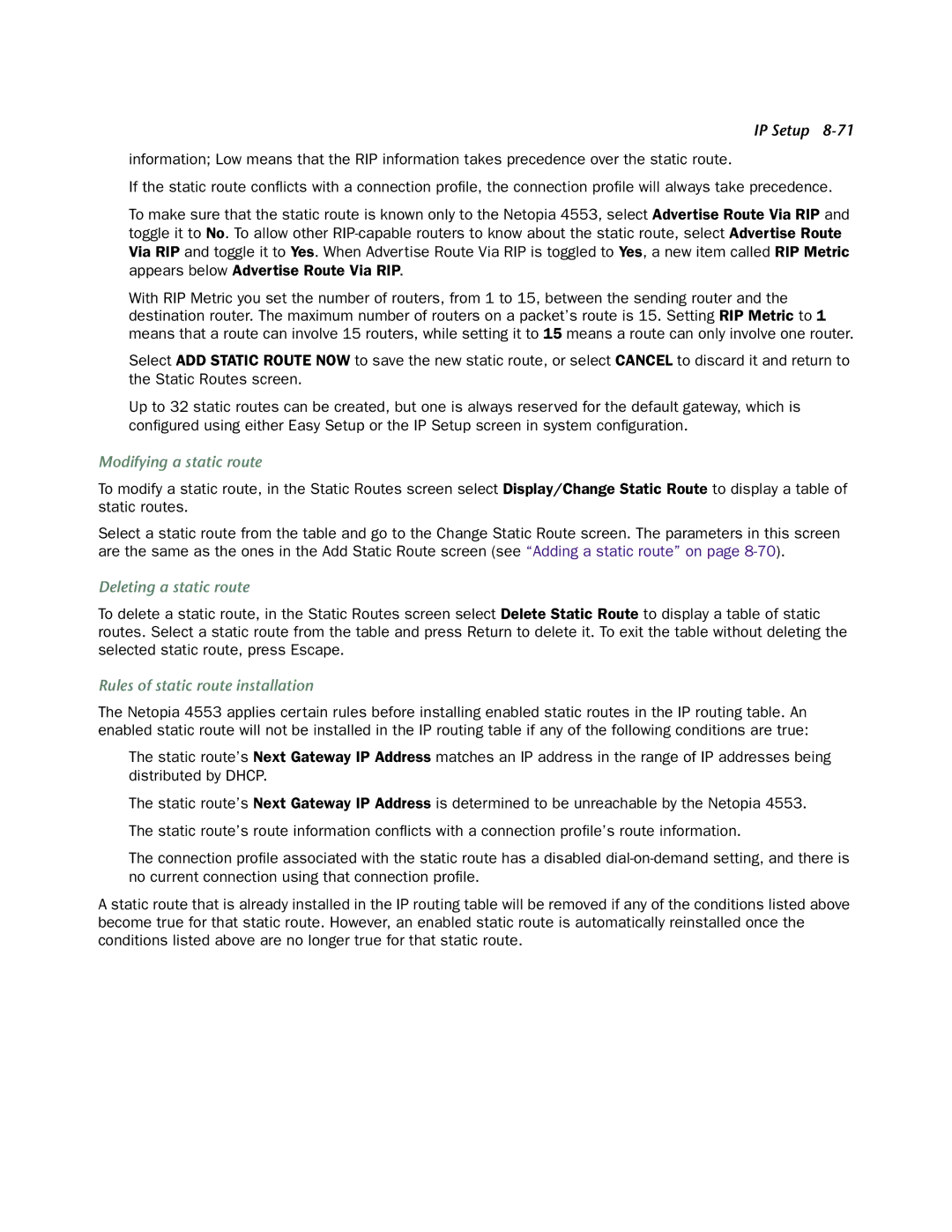 Netopia 4553 manual Modifying a static route, Deleting a static route, Rules of static route installation 