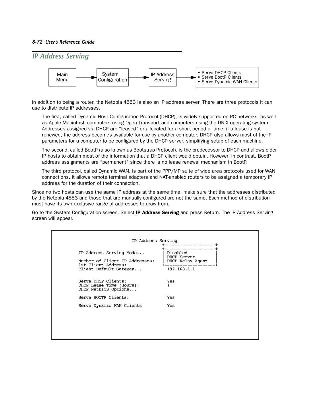 Netopia 4553 manual Main Menu System Configuration IP Address Serving 