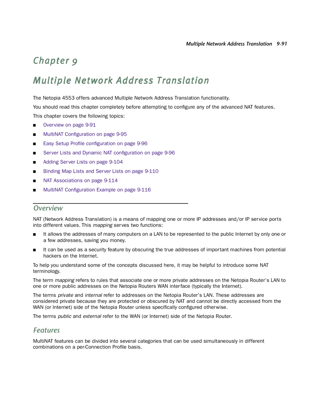 Netopia 4553 manual Chapter Multiple Network Address Translation, Features 