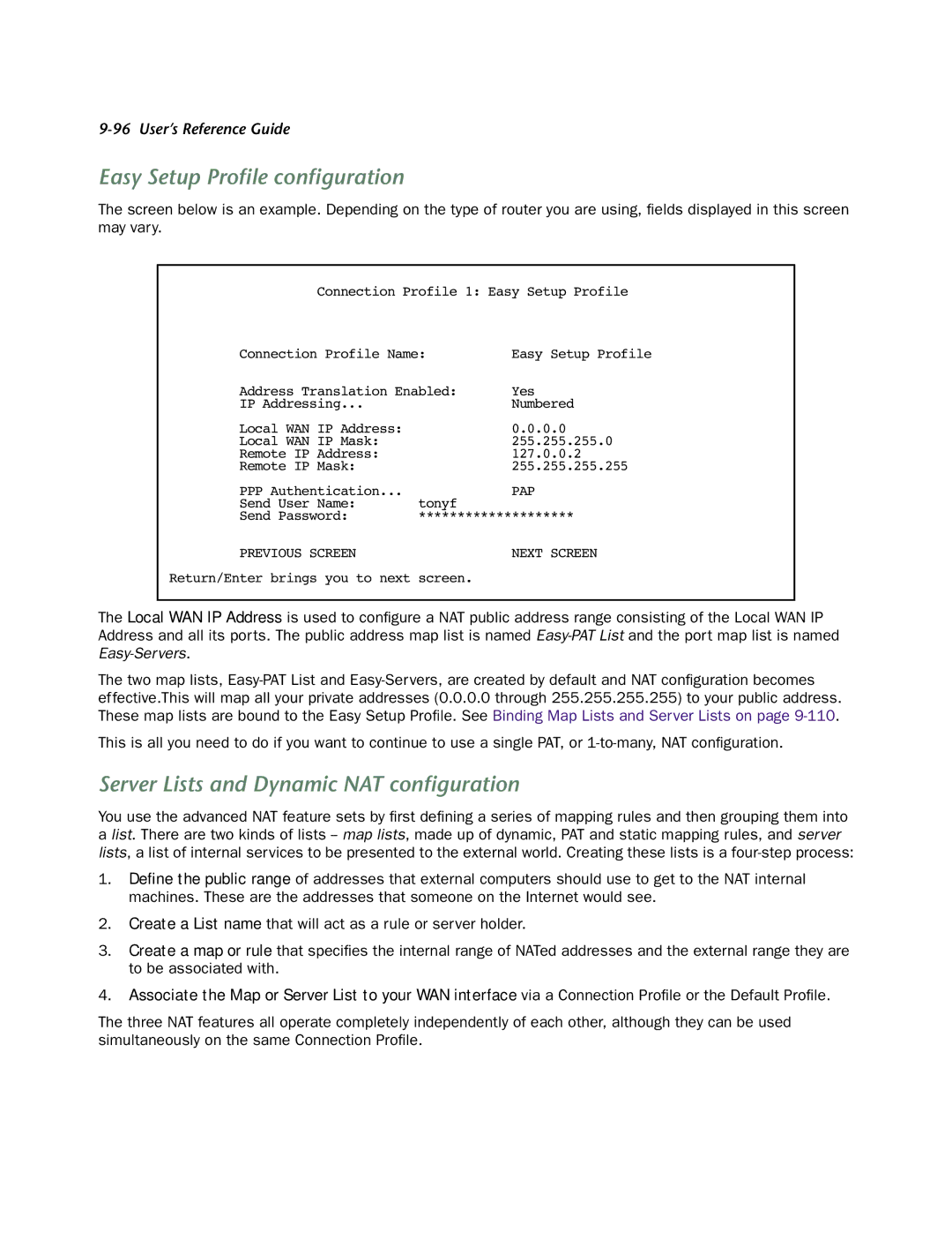 Netopia 4553 manual Easy Setup Proﬁle conﬁguration, Server Lists and Dynamic NAT conﬁguration 