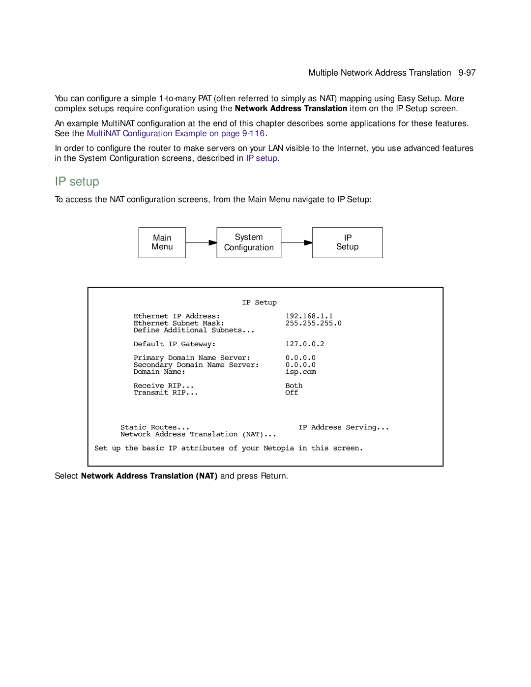 Netopia 4553 manual Select Network Address Translation NAT and press Return 