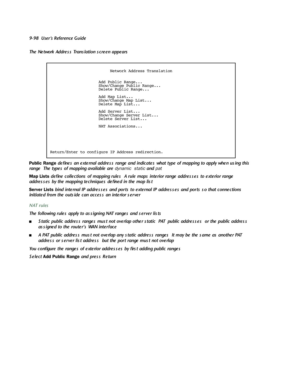 Netopia 4553 manual Network Address Translation screen appears, NAT rules 