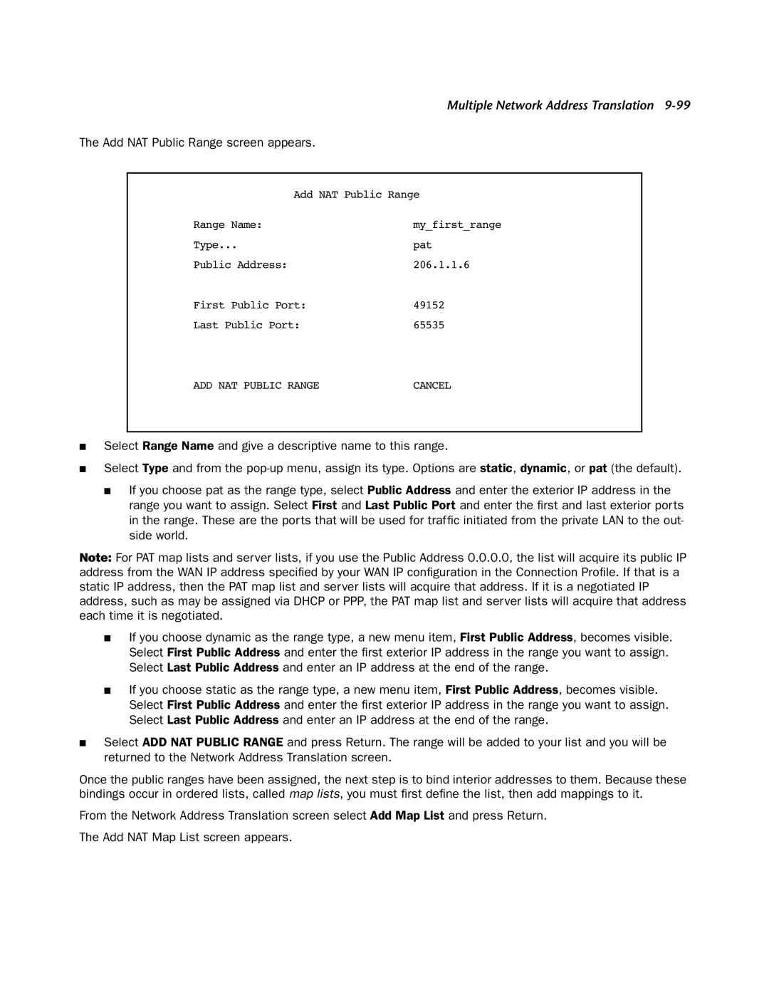 Netopia 4553 manual Add NAT Public Range screen appears 