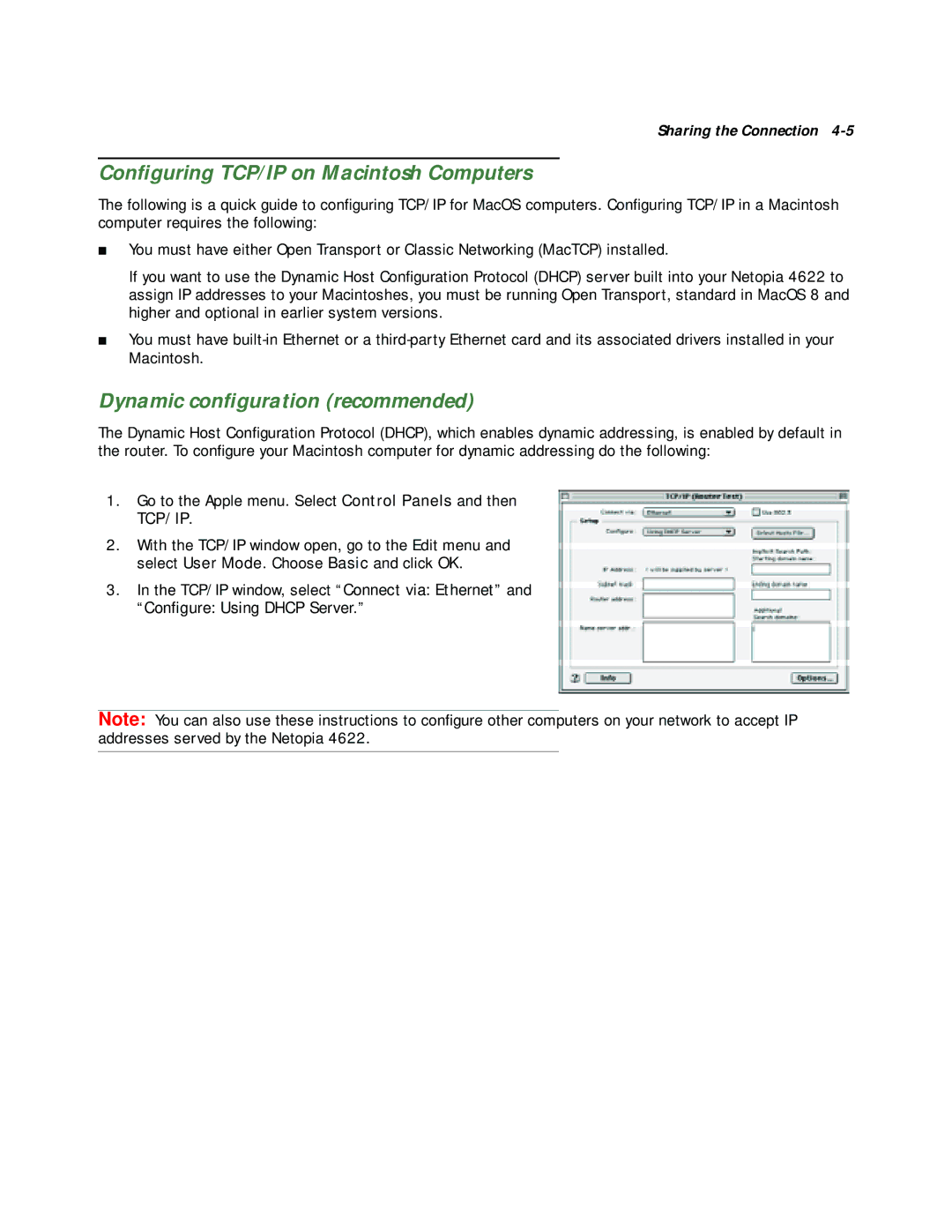 Netopia 4622 T1 manual Conﬁguring TCP/IP on Macintosh Computers, Tcp/Ip 