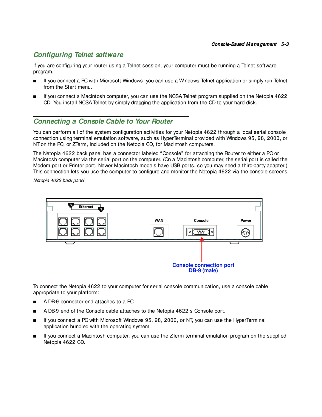 Netopia 4622 T1 manual Conﬁguring Telnet software, Connecting a Console Cable to Your Router 