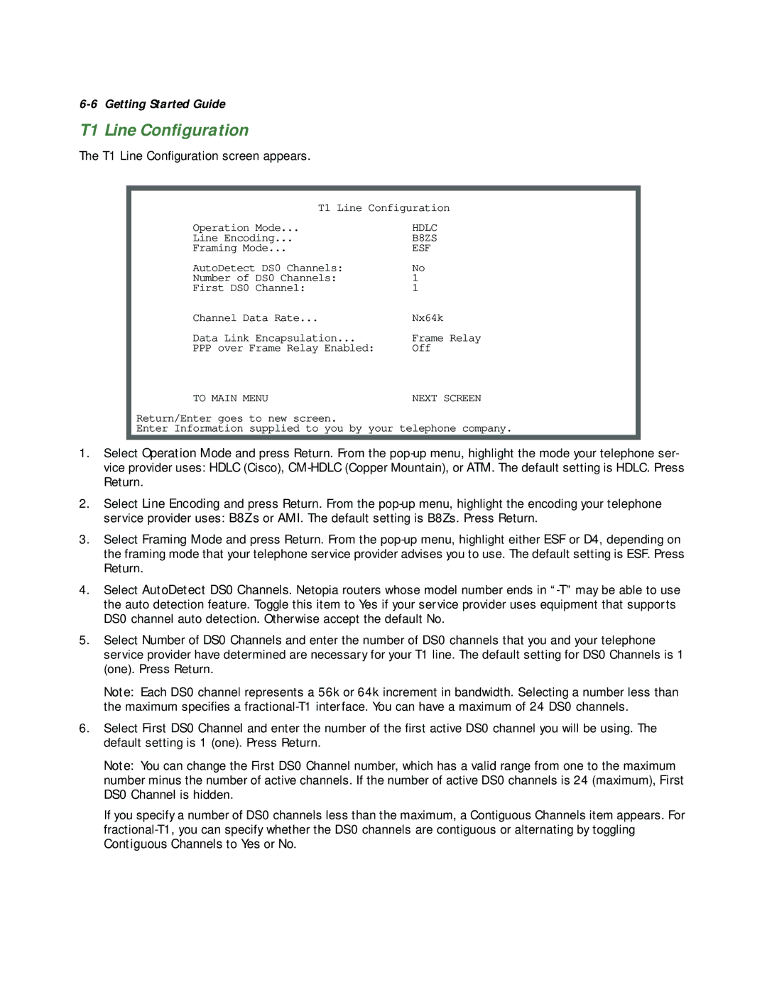 Netopia 4622 T1 manual T1 Line Conﬁguration screen appears 