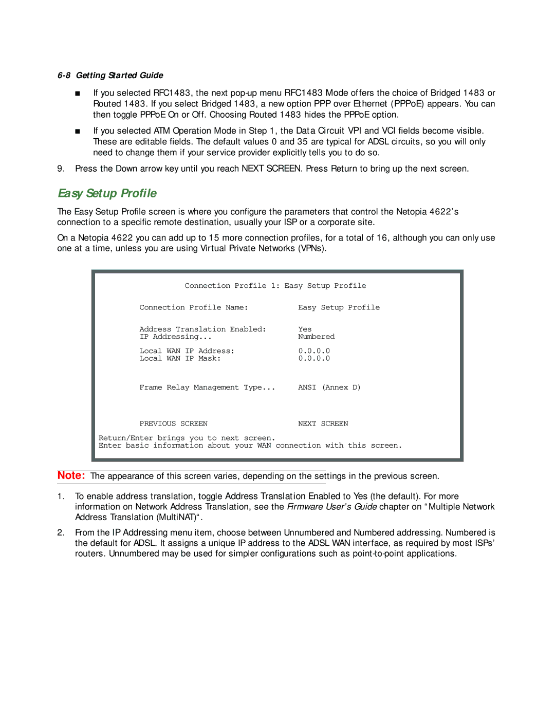 Netopia 4622 T1 manual Easy Setup Proﬁle, Previous Screen Next Screen 