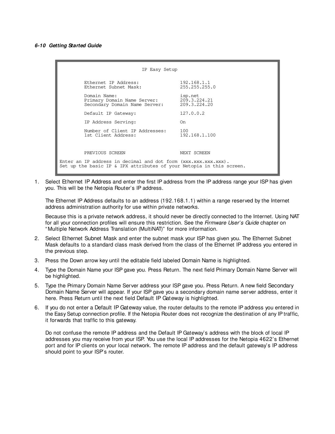 Netopia 4622 T1 manual Ethernet IP Address 192.168.1.1 Ethernet Subnet Mask 