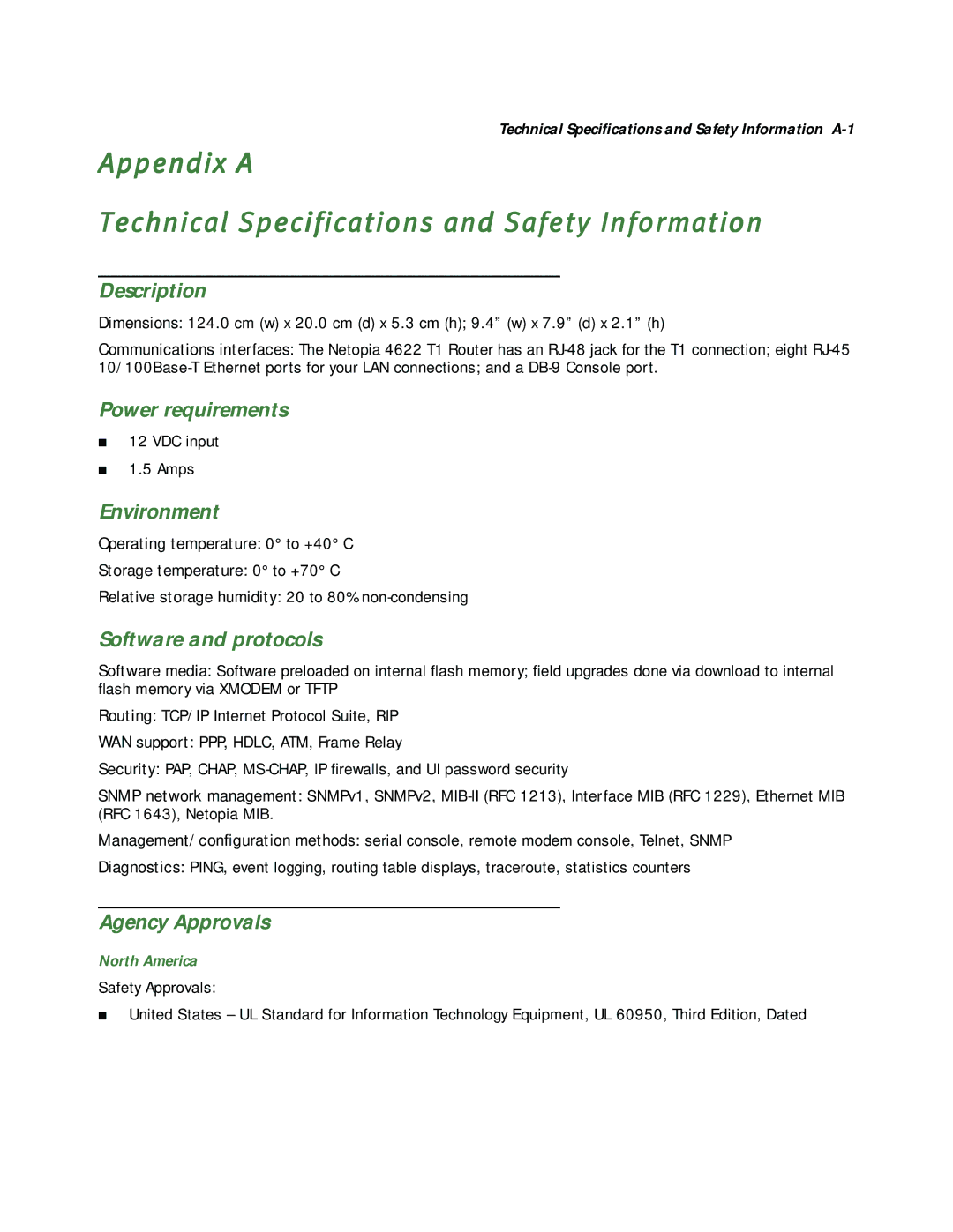 Netopia 4622 T1 manual Appendix a Technical Specifications and Safety Information 