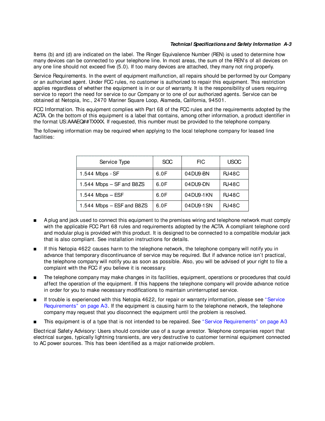 Netopia 4622 T1 manual Technical Speciﬁcations and Safety Information A-3 