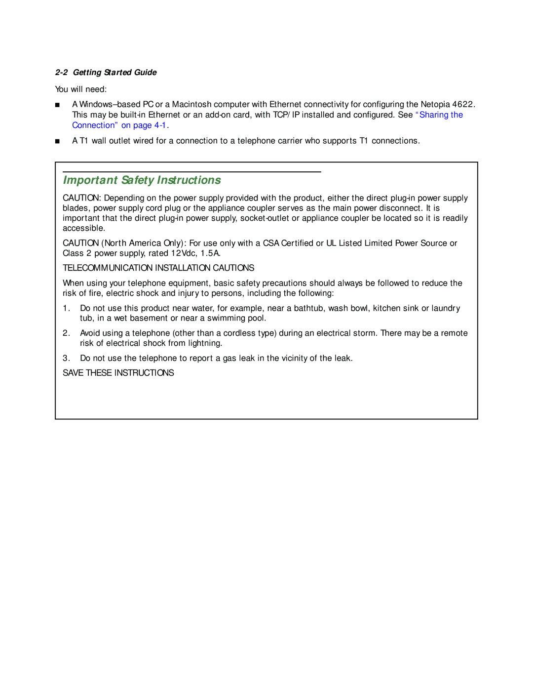 Netopia 4622 T1 manual Important Safety Instructions, Telecommunication Installation Cautions 