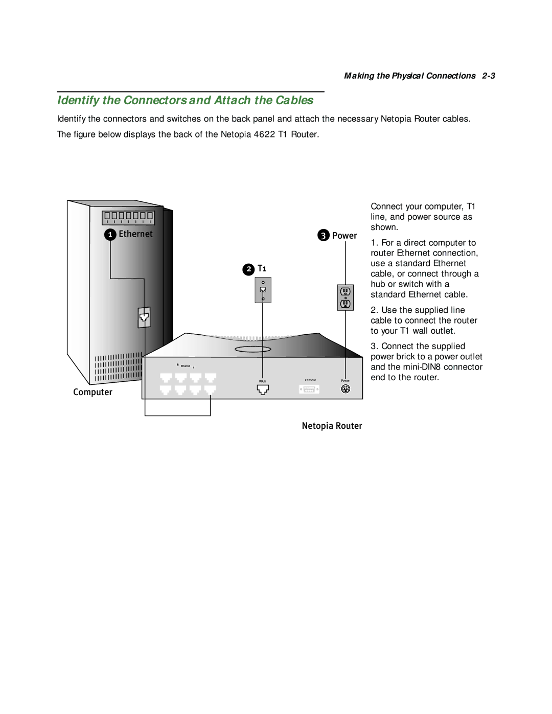 Netopia 4622 T1 manual Identify the Connectors and Attach the Cables, Ethernet Computer Power 