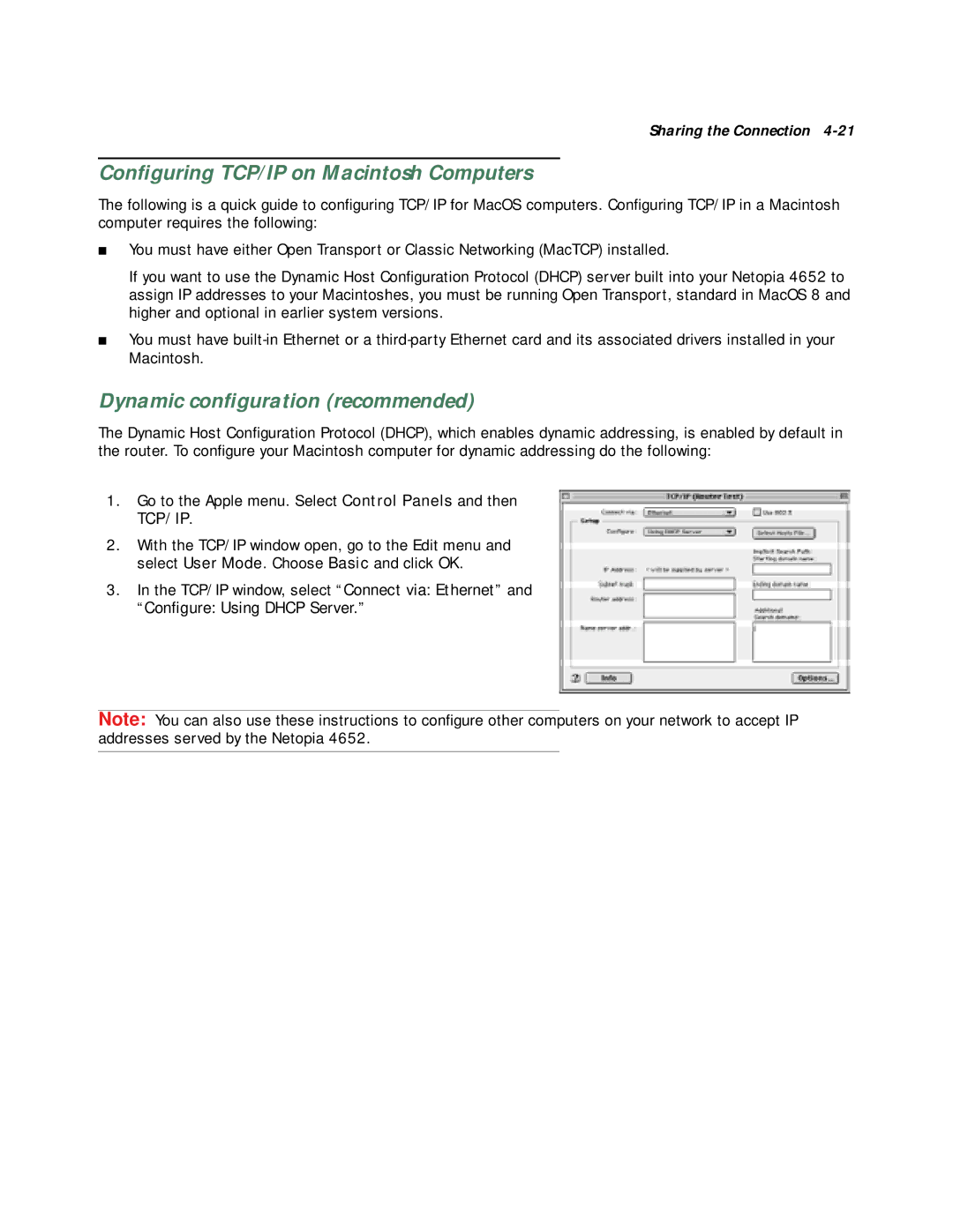 Netopia 4652 manual Conﬁguring TCP/IP on Macintosh Computers, Tcp/Ip 