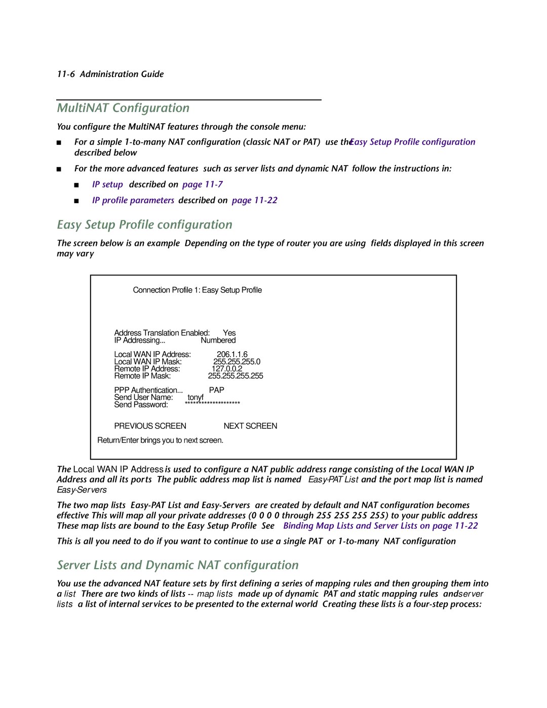 Netopia 4752 manual MultiNAT Conﬁguration, Easy Setup Proﬁle conﬁguration, Server Lists and Dynamic NAT conﬁguration 