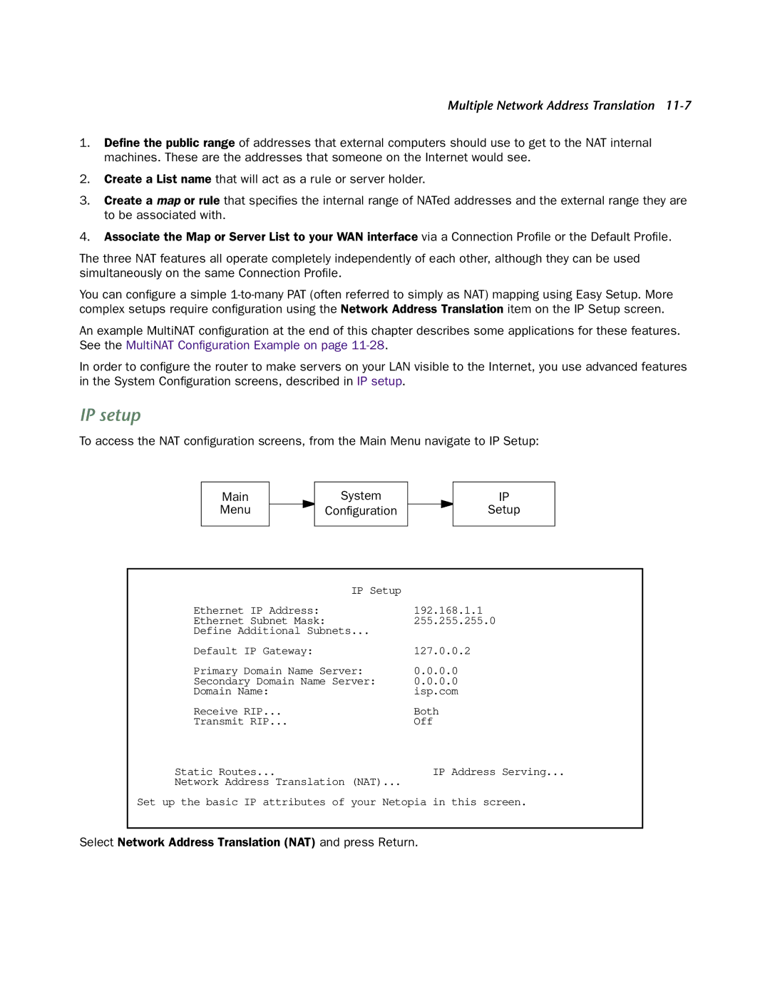 Netopia 4752 manual IP setup, Select Network Address Translation NAT and press Return 