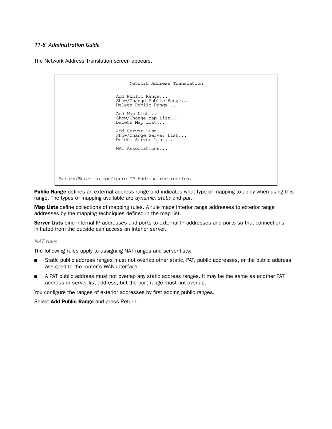 Netopia 4752 manual Network Address Translation screen appears, NAT rules 