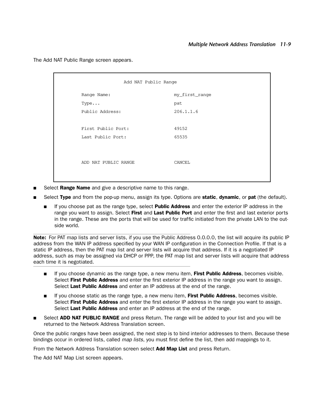Netopia 4752 manual Add NAT Public Range screen appears 