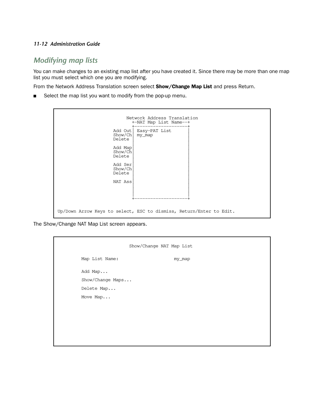 Netopia 4752 manual Modifying map lists, Show/Change NAT Map List screen appears 