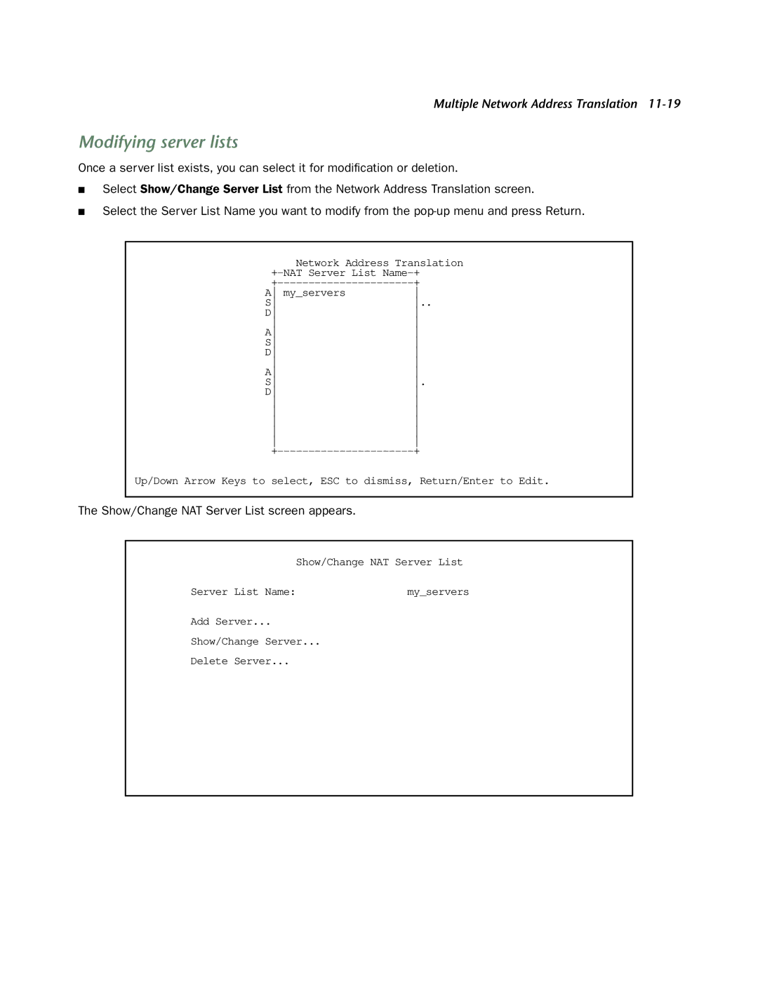 Netopia 4752 manual Modifying server lists, Show/Change NAT Server List screen appears 