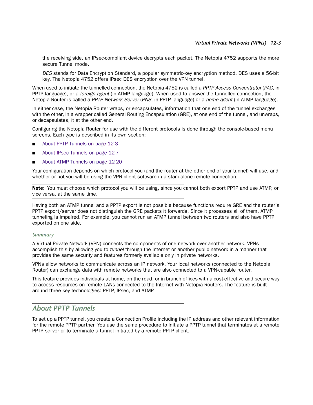 Netopia 4752 manual About Pptp Tunnels, Summary 