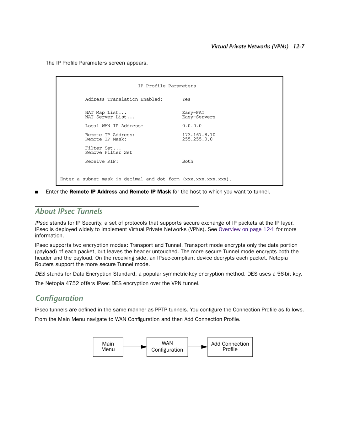 Netopia 4752 manual About IPsec Tunnels, Conﬁguration 