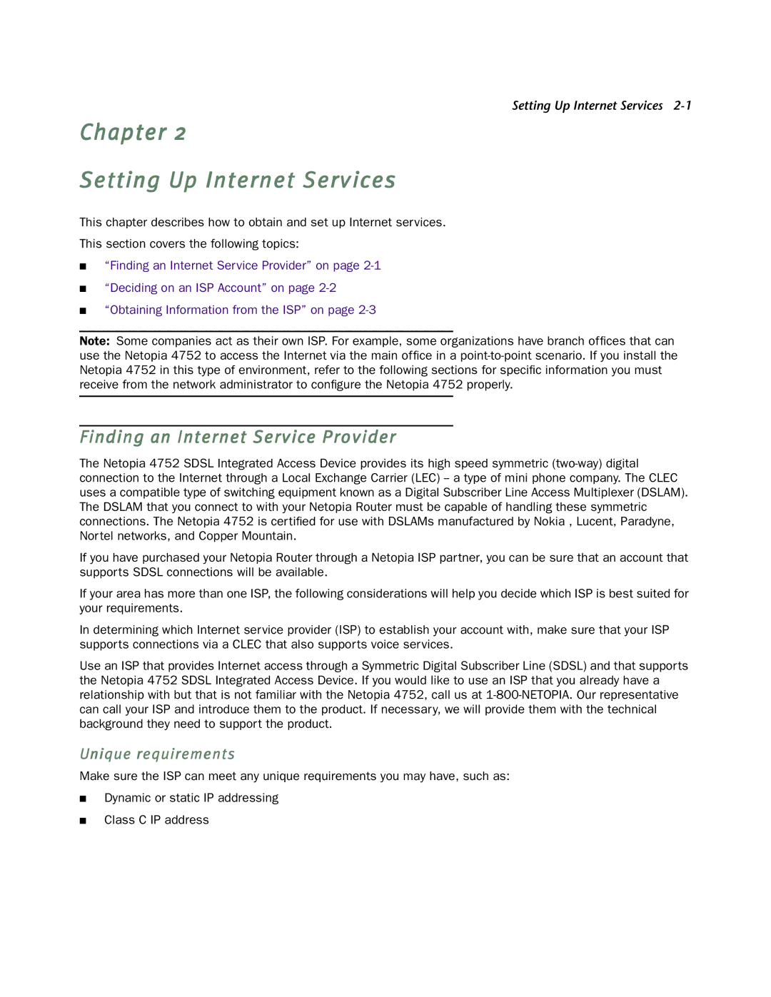 Netopia 4752 manual Chapter Setting Up Internet Services, Finding an Internet Service Provider 