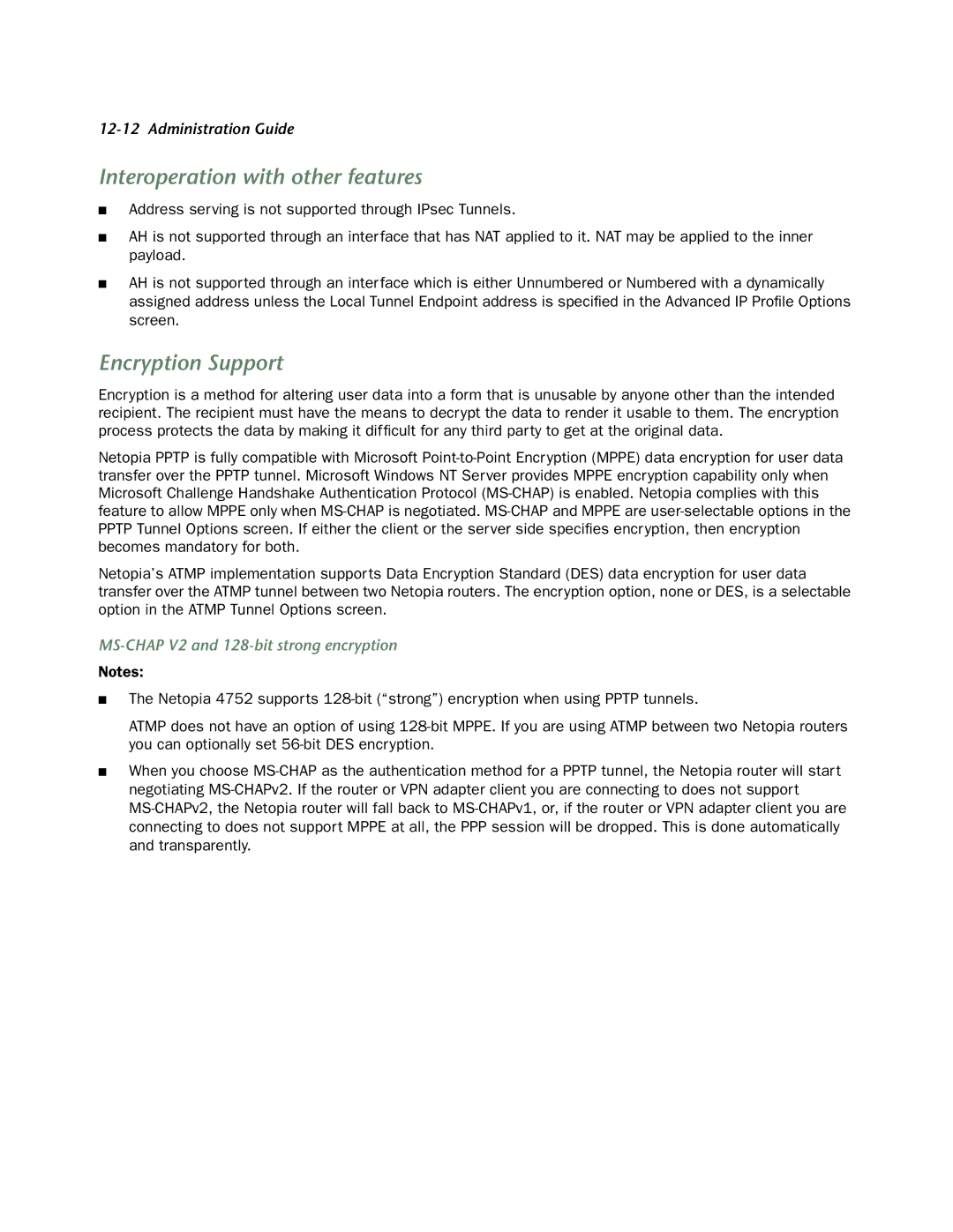 Netopia 4752 manual Interoperation with other features, Encryption Support, MS-CHAP V2 and 128-bit strong encryption 