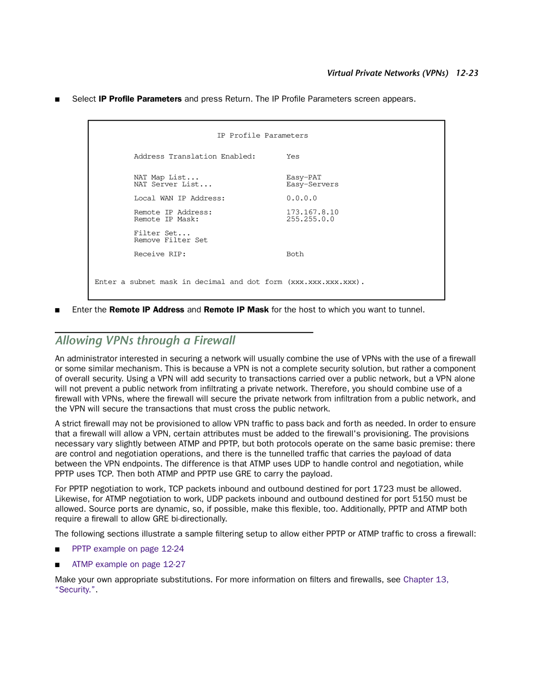 Netopia 4752 manual Allowing VPNs through a Firewall, Pptp example on Atmp example on 