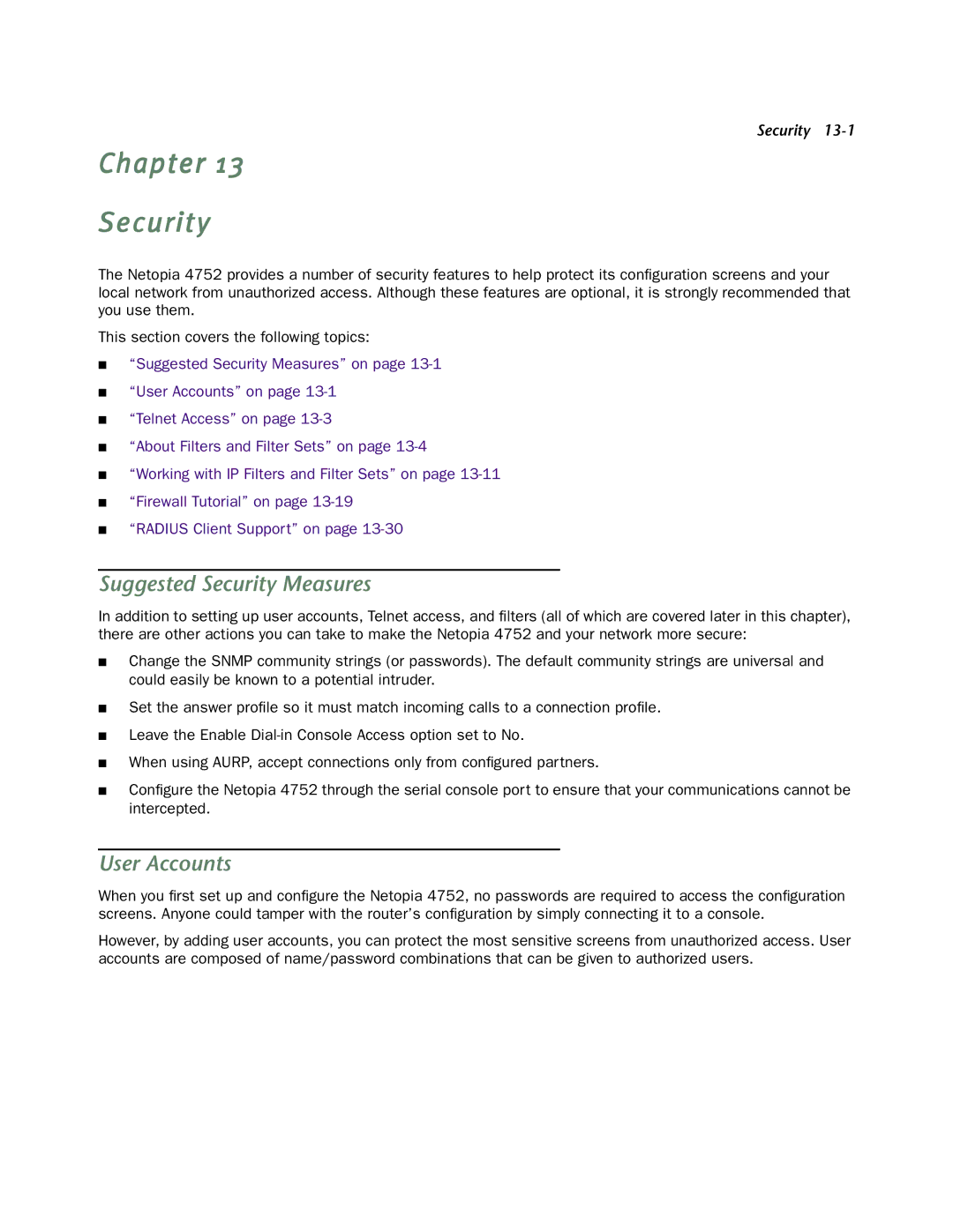 Netopia 4752 manual Chapter Security, Suggested Security Measures, User Accounts 