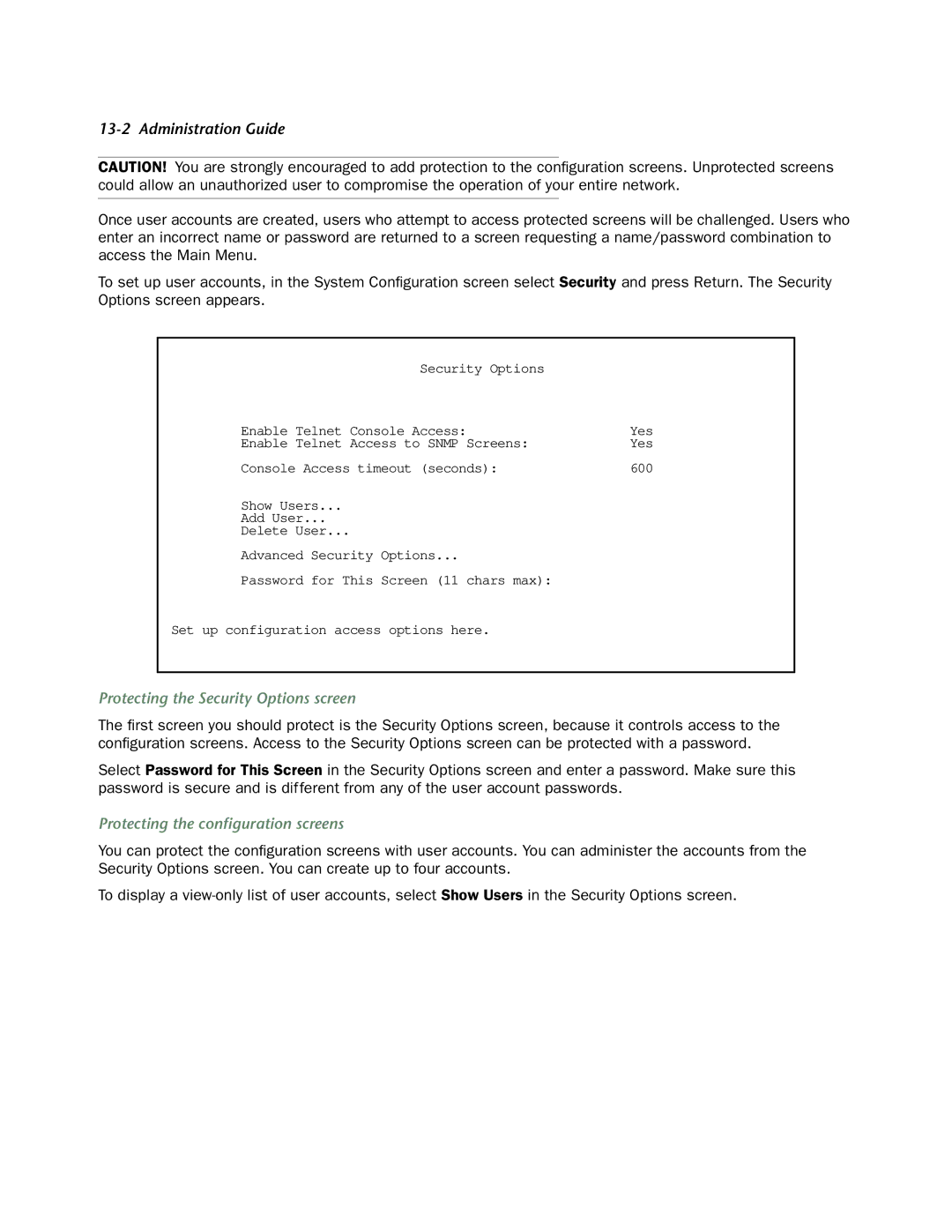 Netopia 4752 manual Protecting the Security Options screen, Protecting the conﬁguration screens 