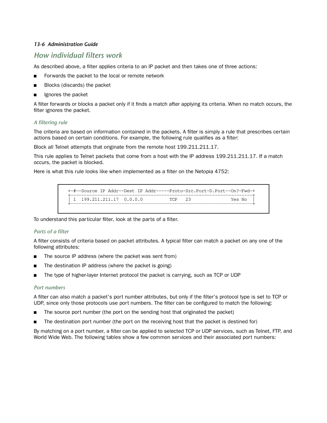 Netopia 4752 manual How individual ﬁlters work, ﬁltering rule, Parts of a ﬁlter, Port numbers 