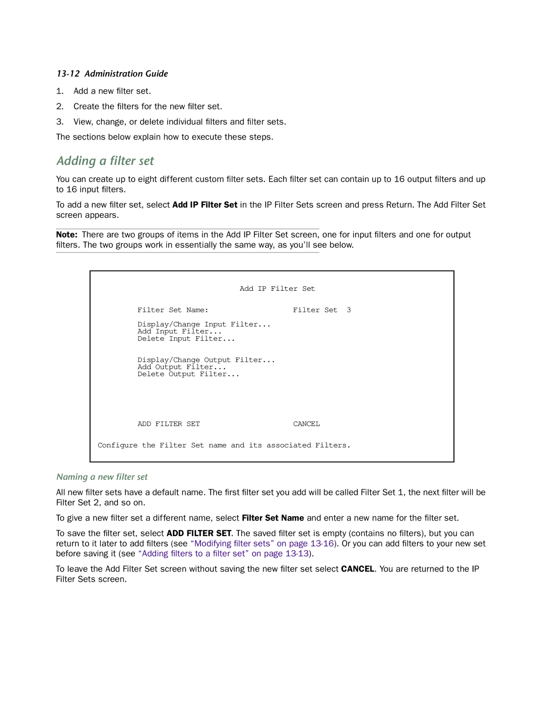 Netopia 4752 manual Adding a ﬁlter set, Naming a new ﬁlter set 