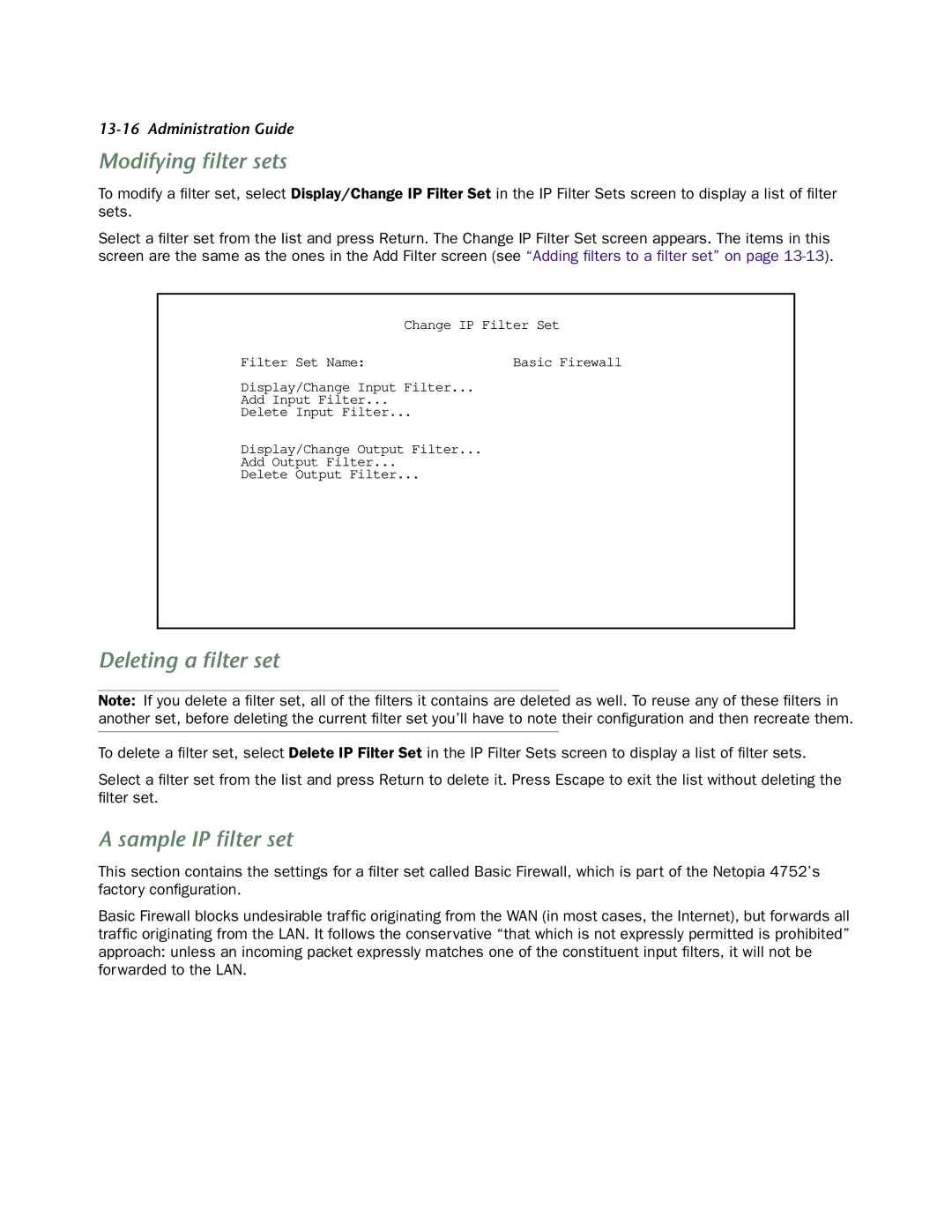 Netopia 4752 manual Modifying ﬁlter sets, Deleting a ﬁlter set, Sample IP ﬁlter set 