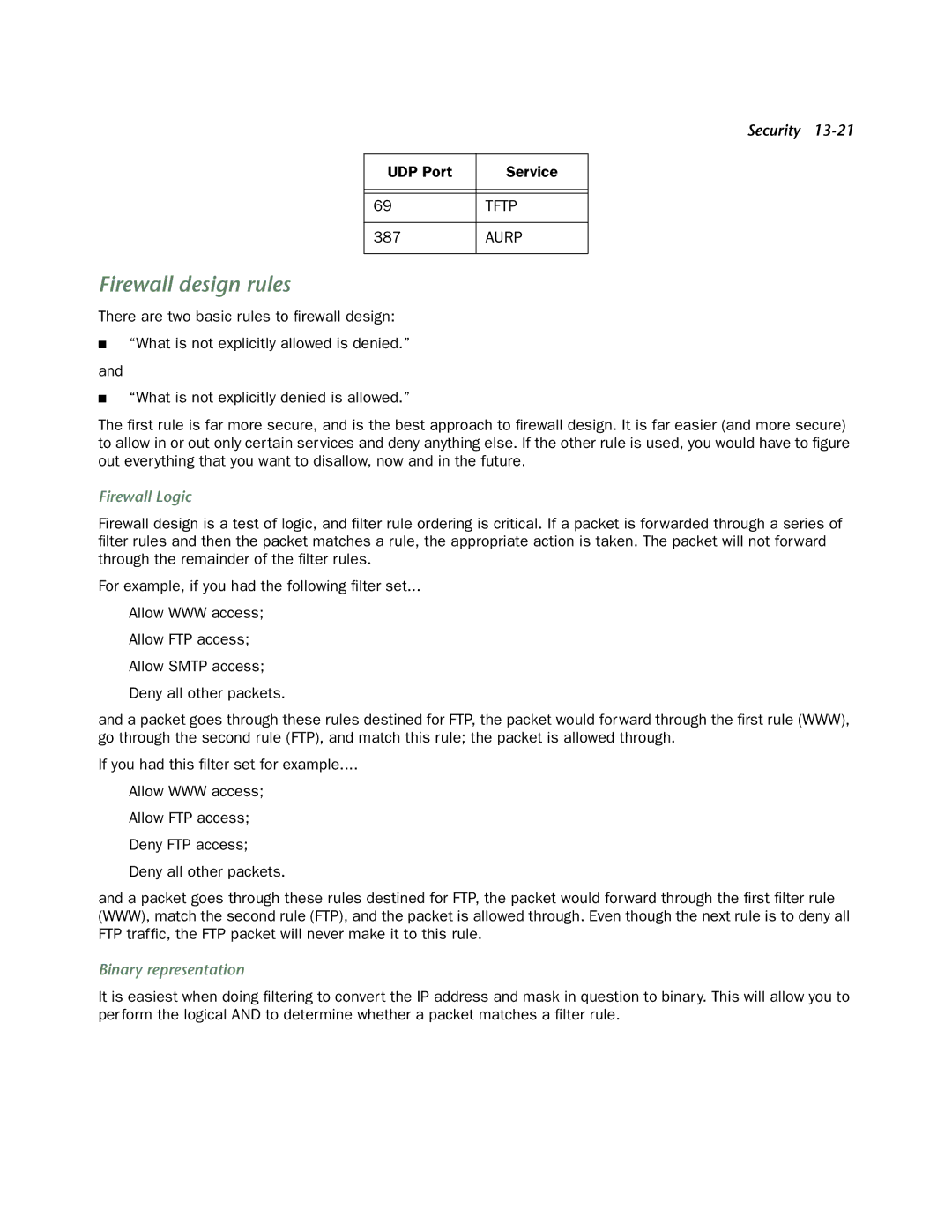 Netopia 4752 manual Firewall design rules, UDP Port Service, Aurp, Firewall Logic, Binary representation 