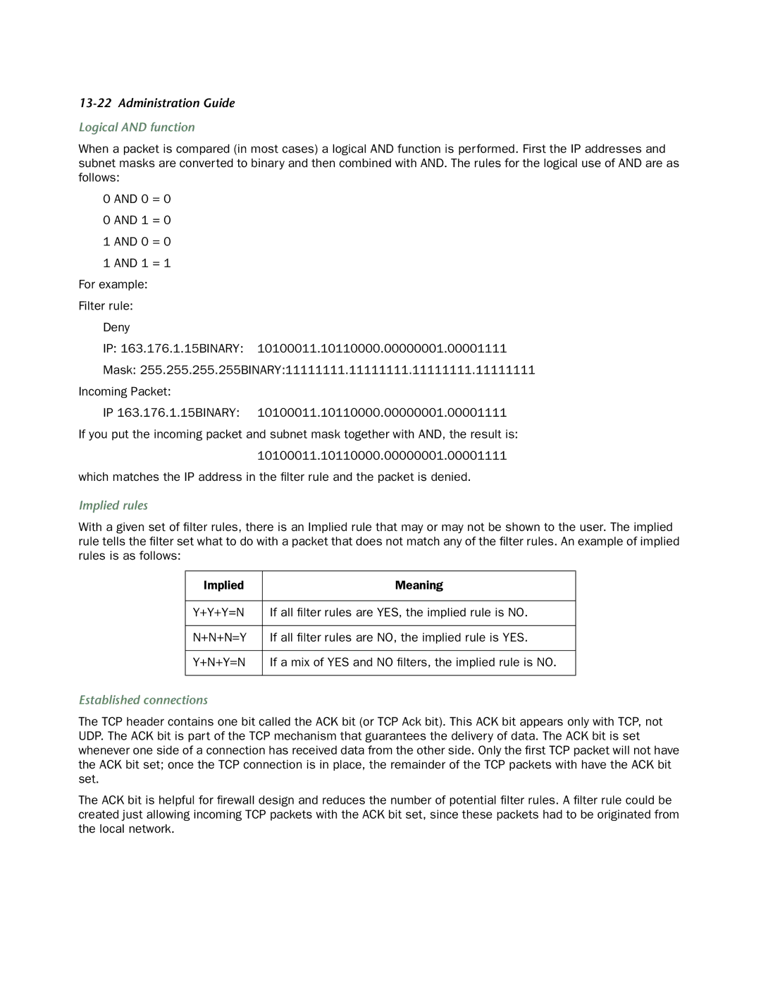 Netopia 4752 manual Logical and function, Implied rules, Established connections 