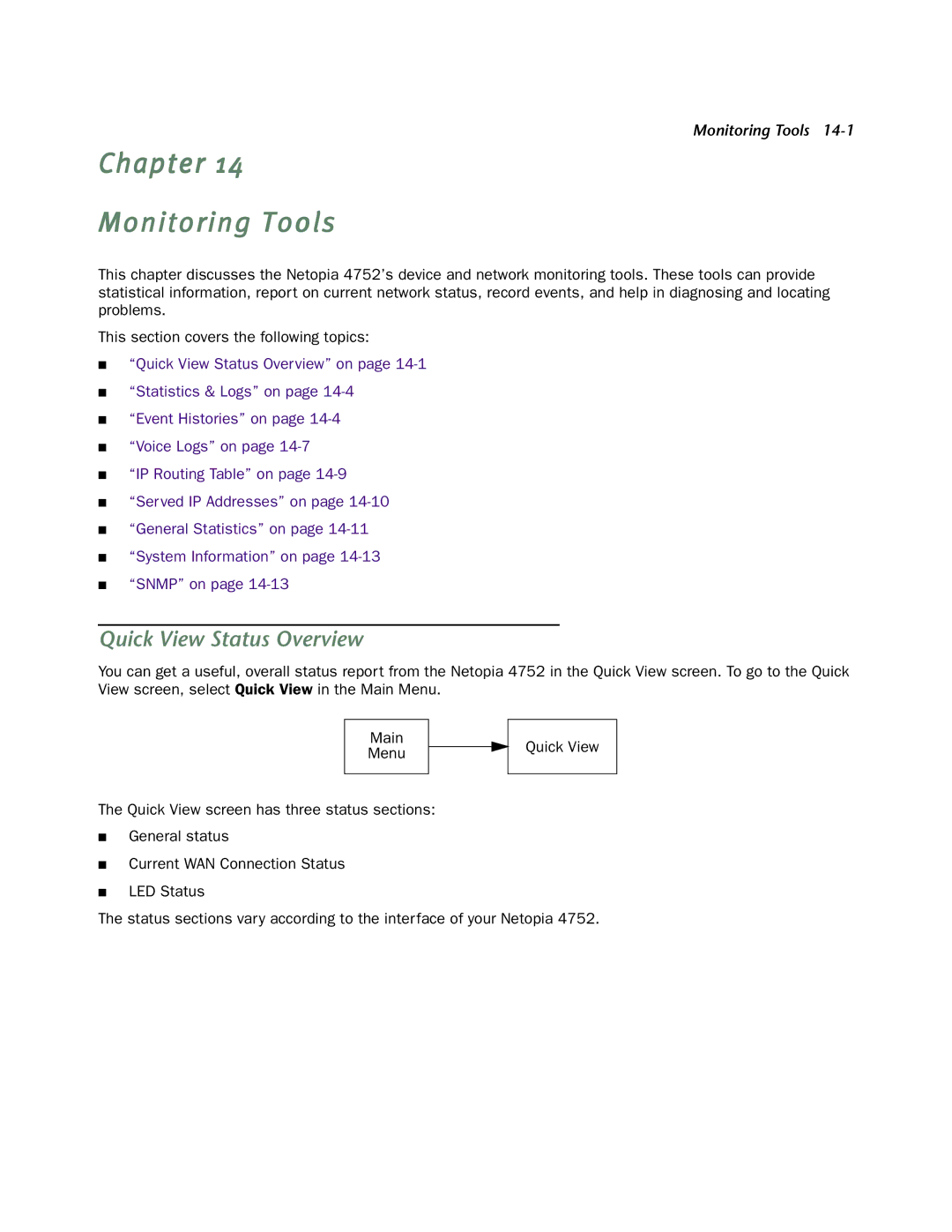 Netopia 4752 manual Chapter Monitoring Tools, Quick View Status Overview 