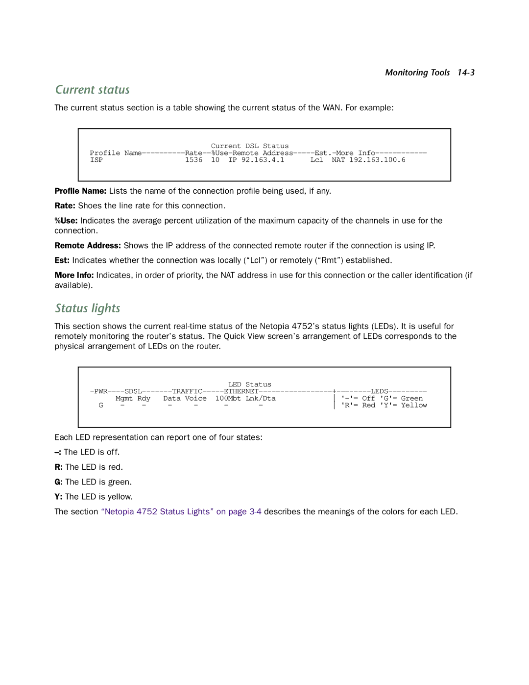 Netopia 4752 manual Current status, Status lights 