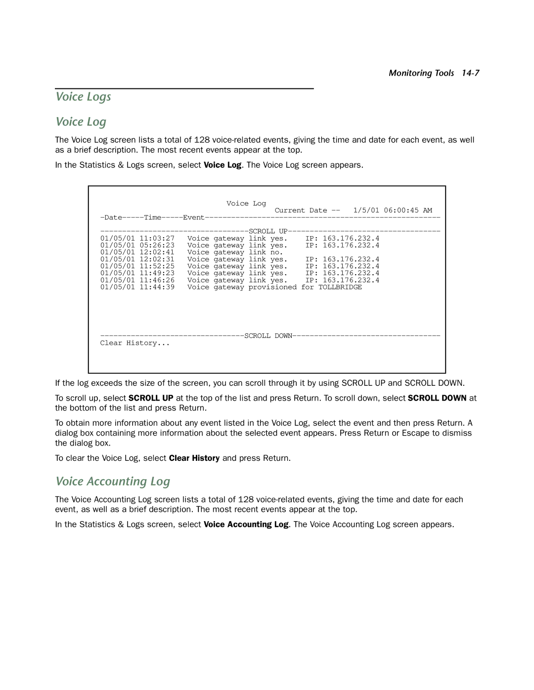 Netopia 4752 manual Voice Logs, Voice Accounting Log 