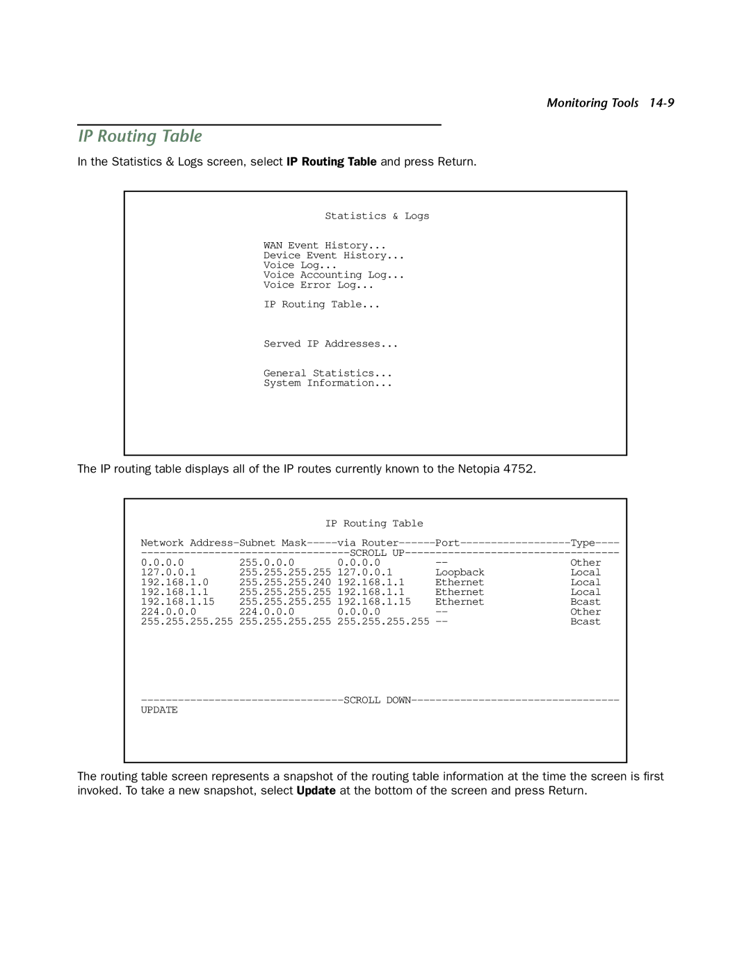 Netopia 4752 manual IP Routing Table 