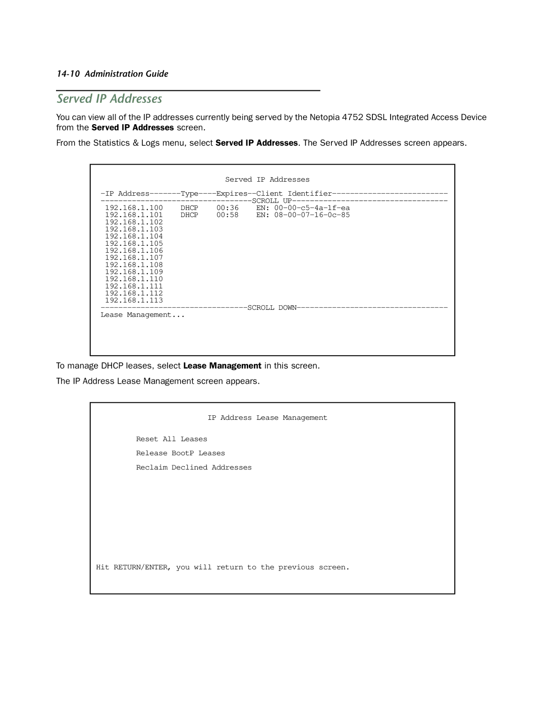 Netopia 4752 manual Served IP Addresses 